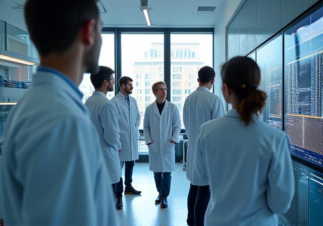 Laboratorio de investigación universitario con pantallas de datos