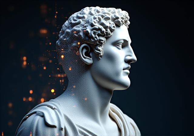 Estatua clásica integrada con elementos digitales modernos