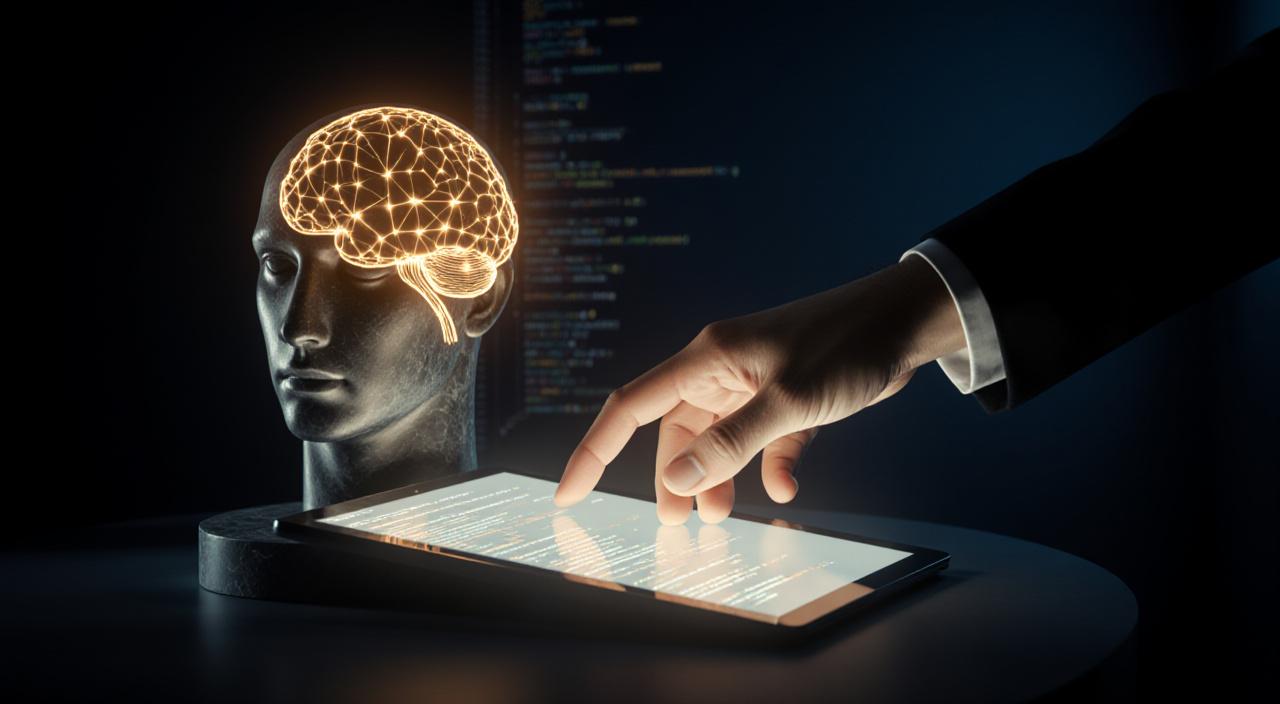Representación conceptual de la intersección entre la tecnología de IA y la conciencia ética humana